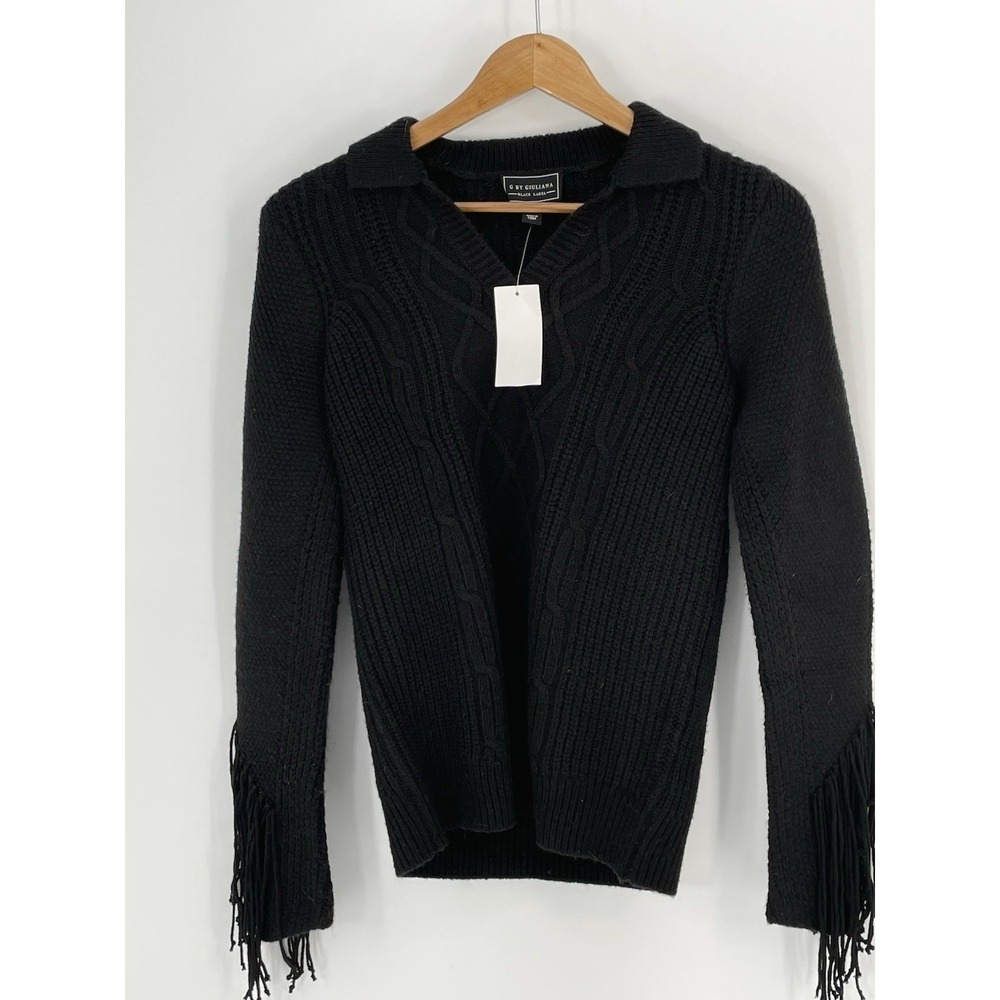 NWT G by Giuliana‎ Black Label Womens XXS Sweater Cable Knit Black Fringe Sleeve